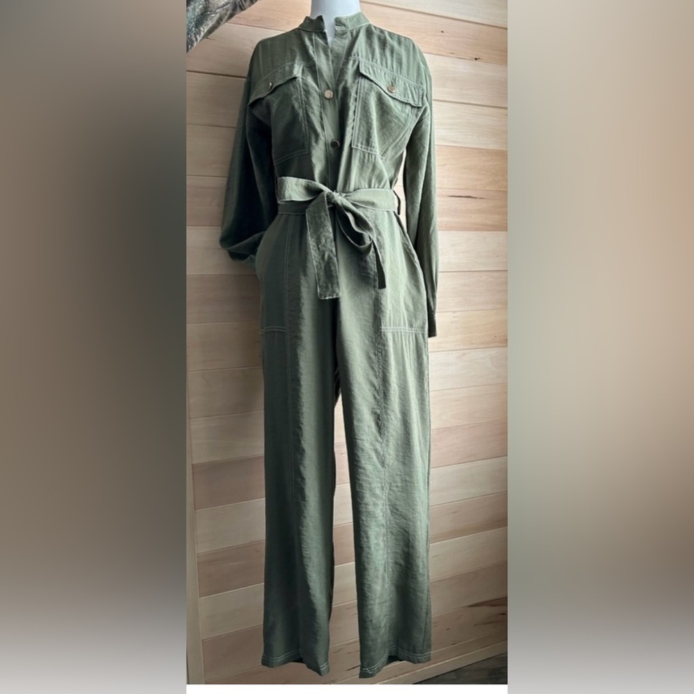 ZARA SIZE Small Utility Jumpsuit with Contrasting Topstitching in olive green